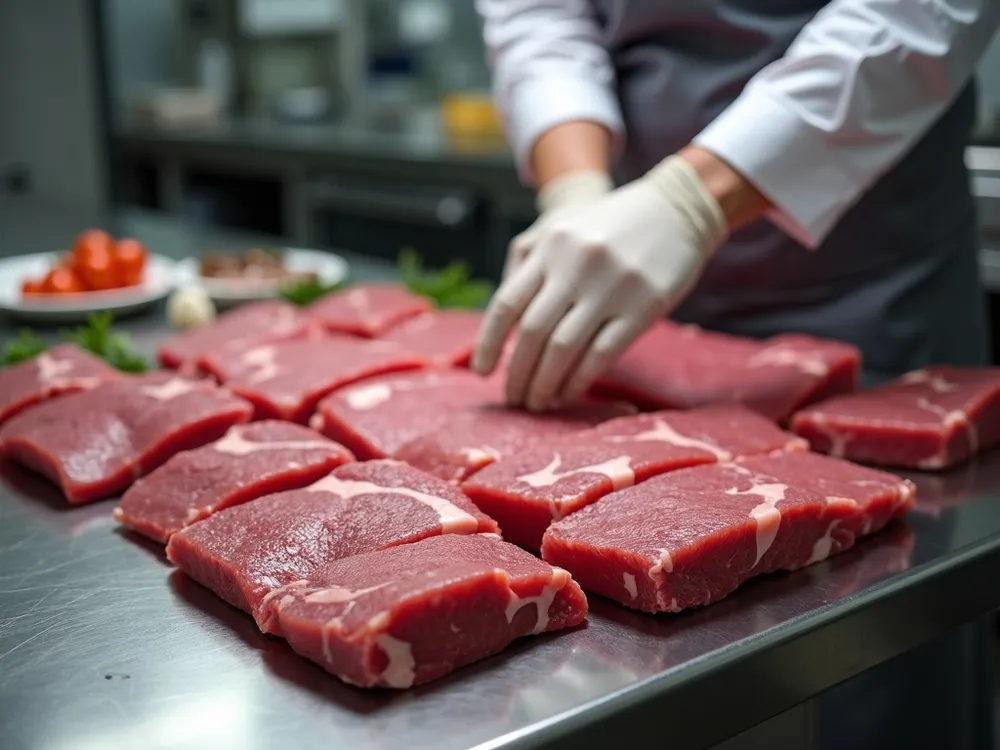 Fresh Halal beef cuts being inspected on a stainless steel counter