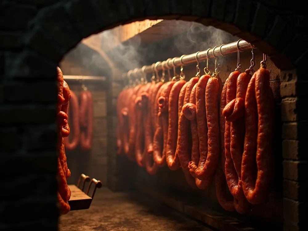 Sausages hanging in a traditional smokehouse with real wood smoke