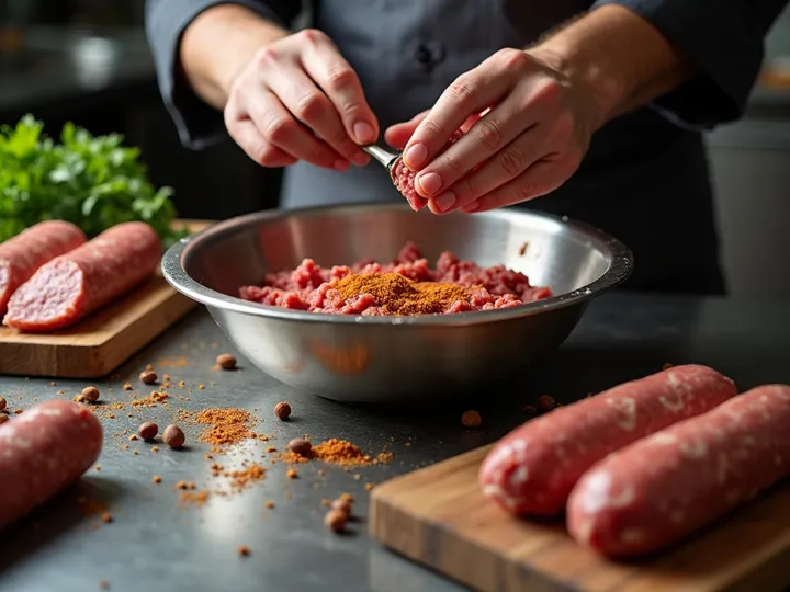 Hands preparing seasoned ground meat in a steel bowl with test batches